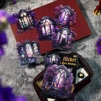 [2601-130] Rose Window Foil PET Stickers – Vintage Stained Glass Floral Series (4 Designs)