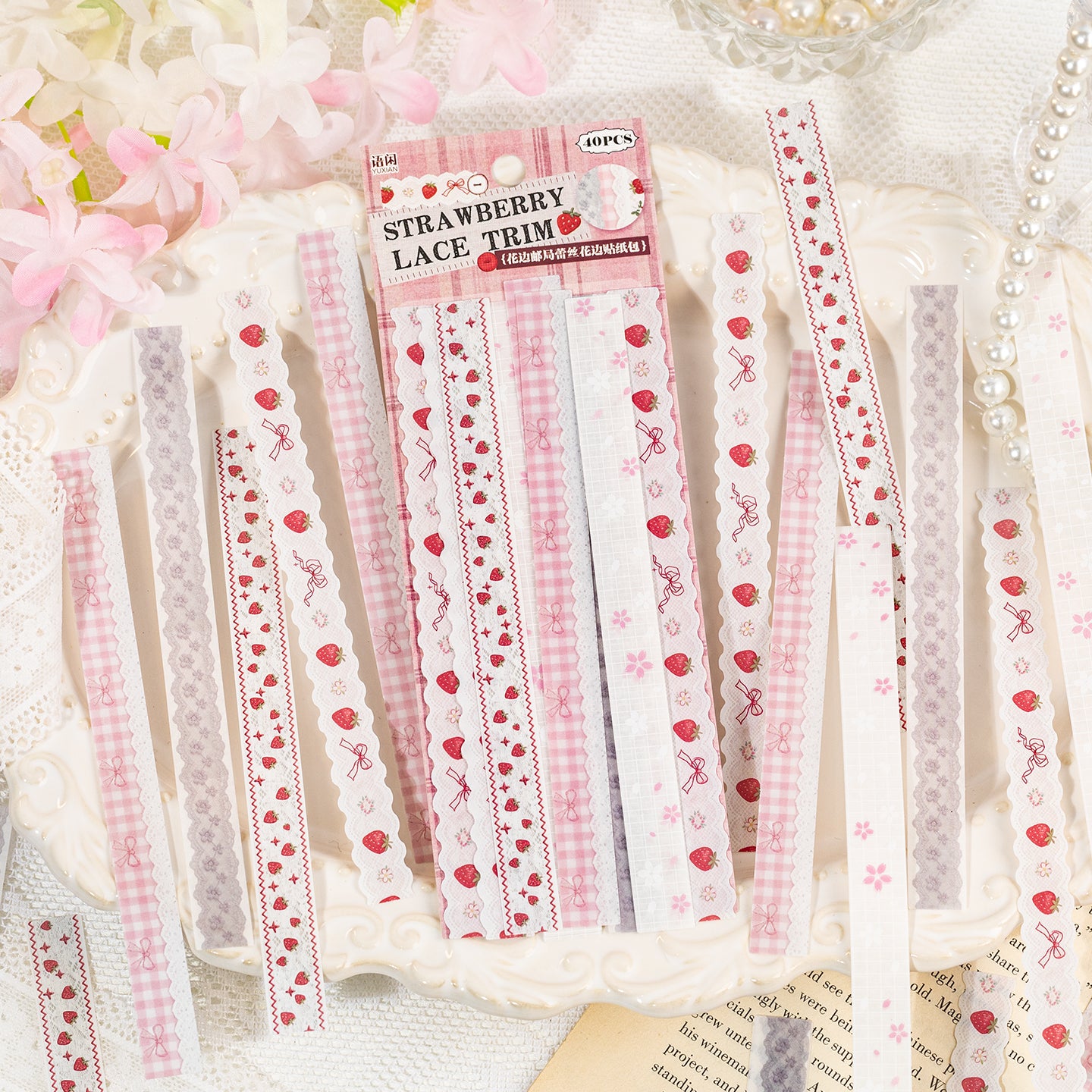 [2601-125] Lace Post Office Washi Trims – “Floral Lace Series” Long Strip Journal Set (4 Styles 40 Pieces)