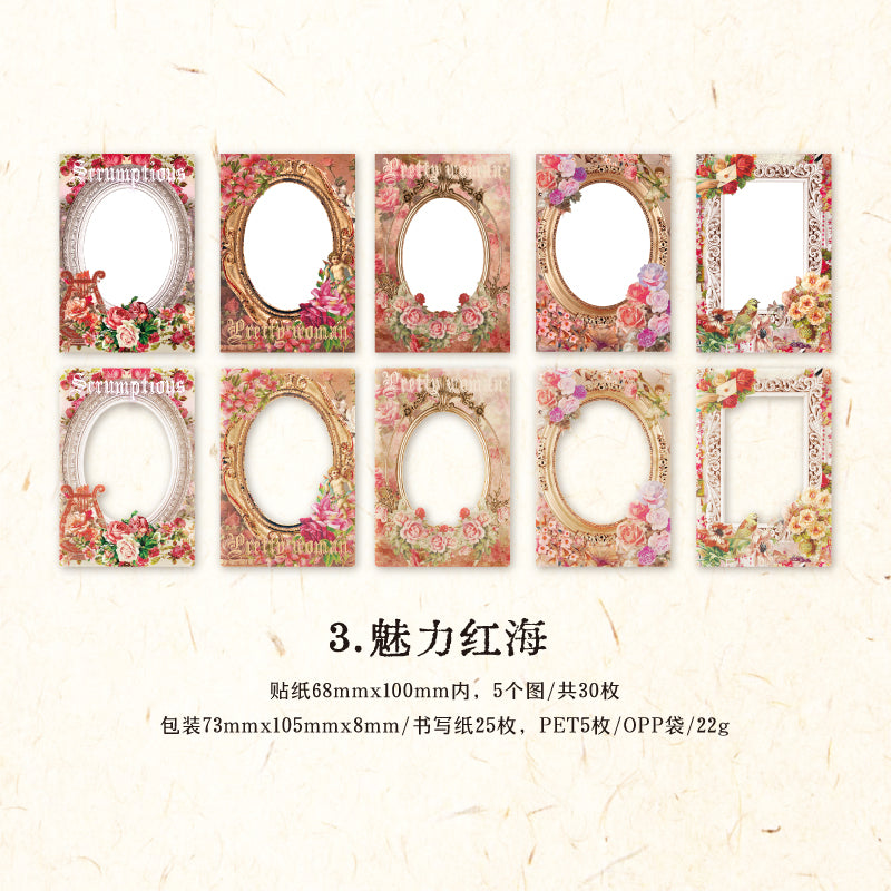 [2601-131] Victorian Keepsake Collage Stickers – Vintage Frame & Floral Series (5 Designs)