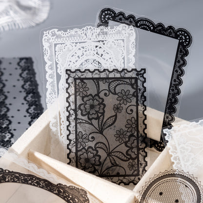 [2601-233] Lace Academy Series Black White Lace PET Journal Collage Stickers 100 Sheets