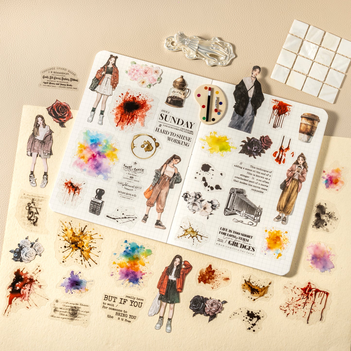 [2601-139] Trace Marks Journaling Kit – Grunge Background & Collage Sticker Set (4 Styles)