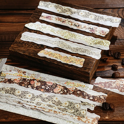 [2601-121] Vintage Floral Kraft Paper Stickers – Torn Edge Collage Strips (6 Designs)