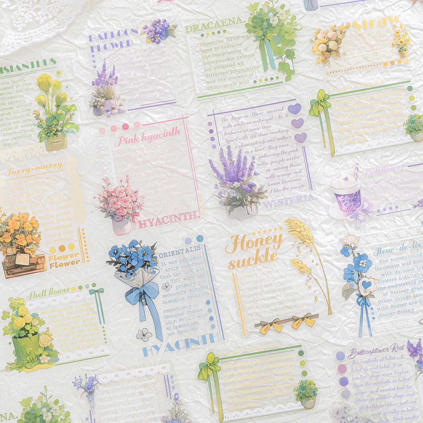 [2601-227] Flower Shadow Weaving Dream Series PET Floral Text Journal Sticker Pack 20 Sheets 6 Styles