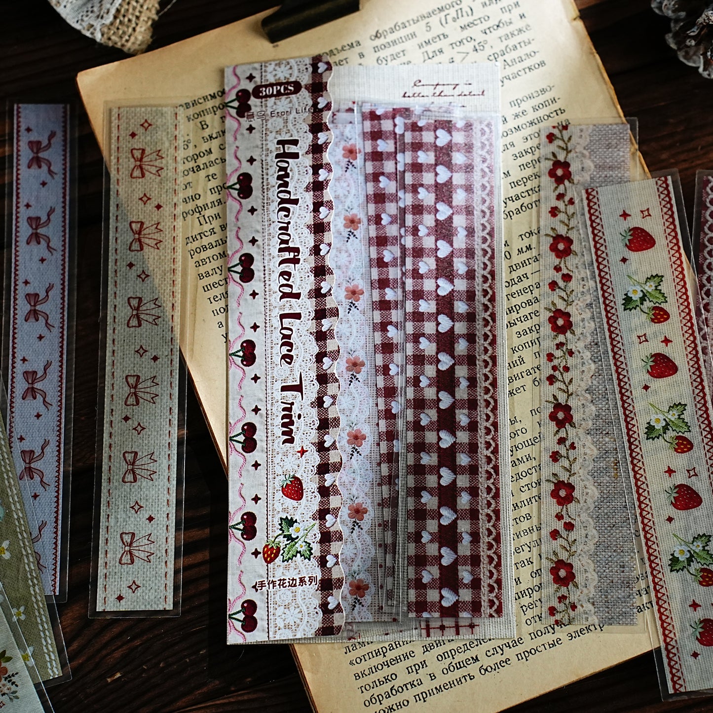 [2601-122] Handcrafted Lace Border Stickers – Vintage Fabric Trim Set (6 Designs)