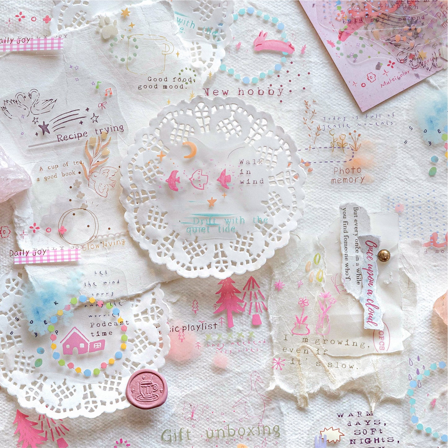 [2602-016] Watercolor PET White Ink Stickers Pack 4 Styles