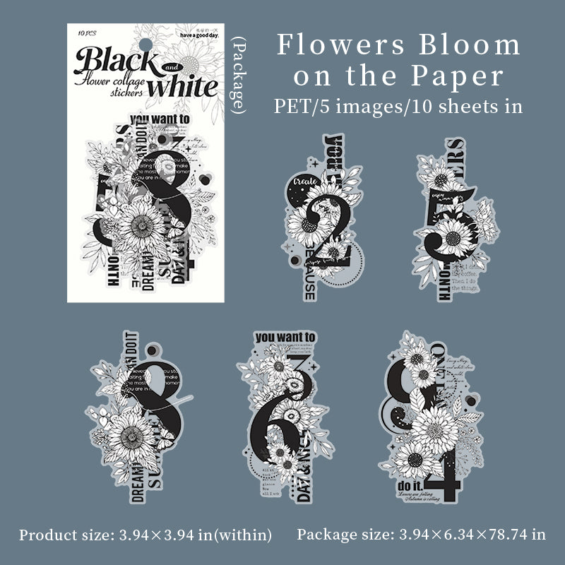 [2602-002] Large Black and White Floral PET Collage Stickers 6 Styles
