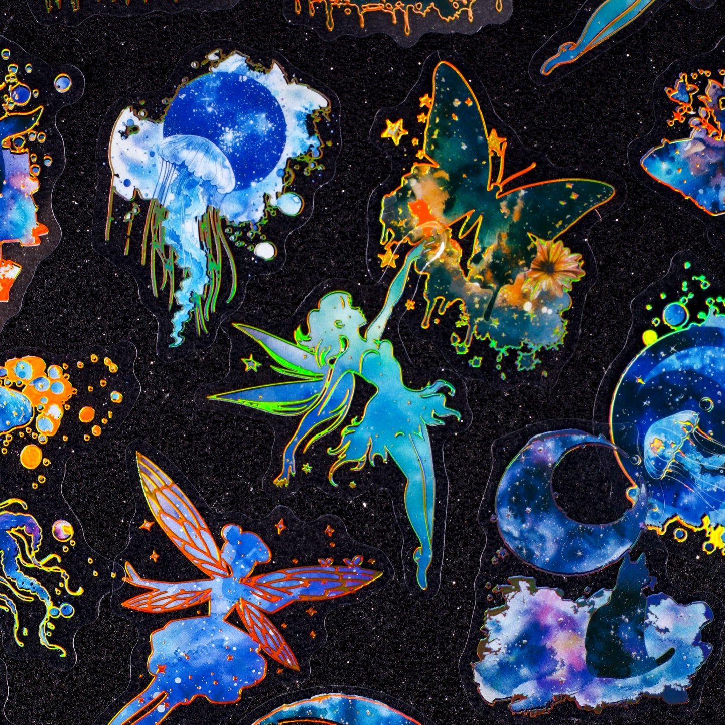 [2601-147] Galaxy Ocean Foil Stickers – Starry Fish & Jellyfish Collage Set (6 Designs)