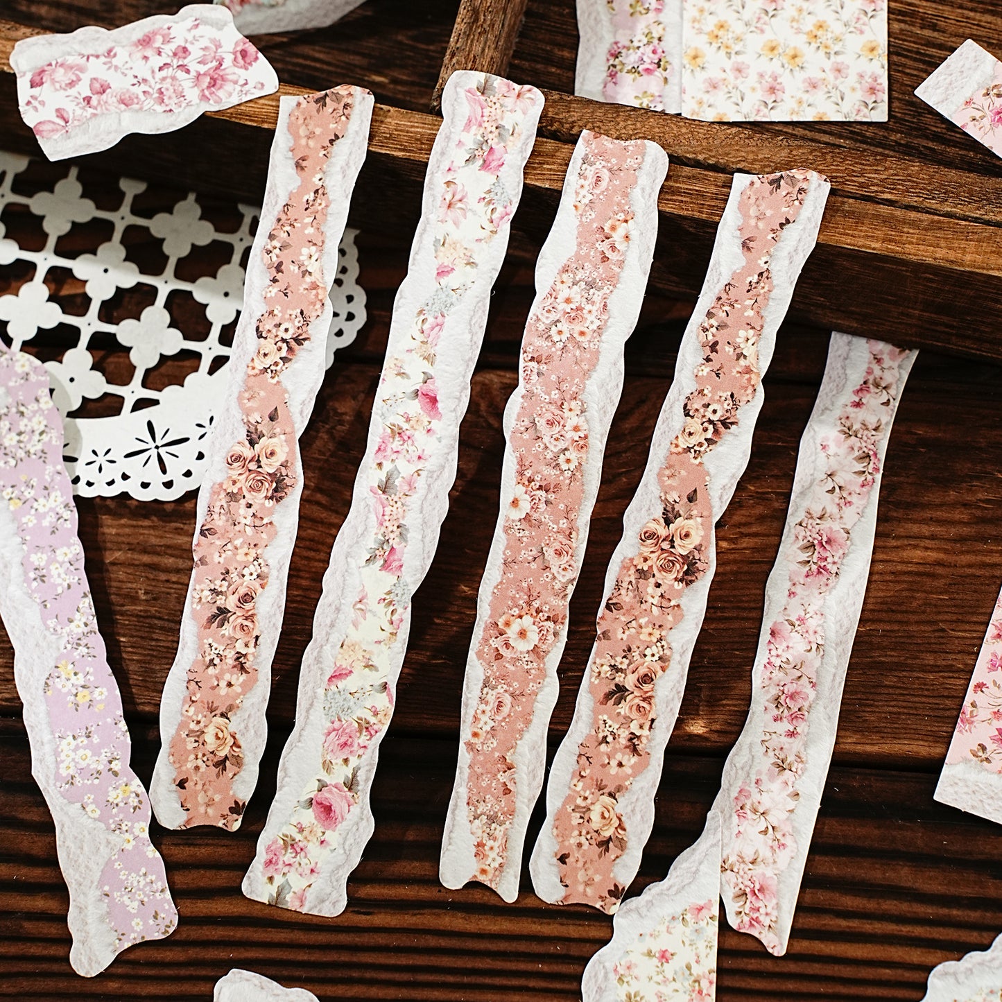 [2601-121] Vintage Floral Kraft Paper Stickers – Torn Edge Collage Strips (6 Designs)