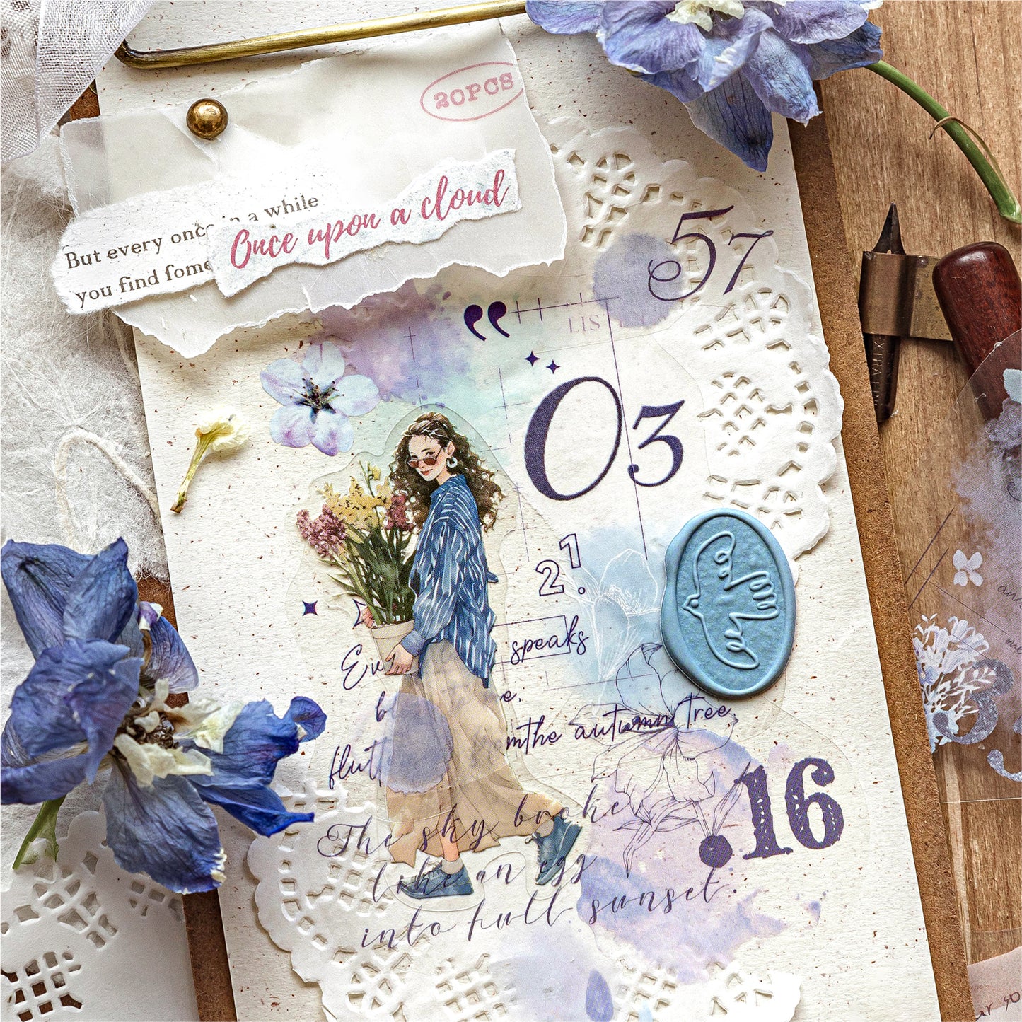 [2602-016] Watercolor PET White Ink Stickers Pack 4 Styles