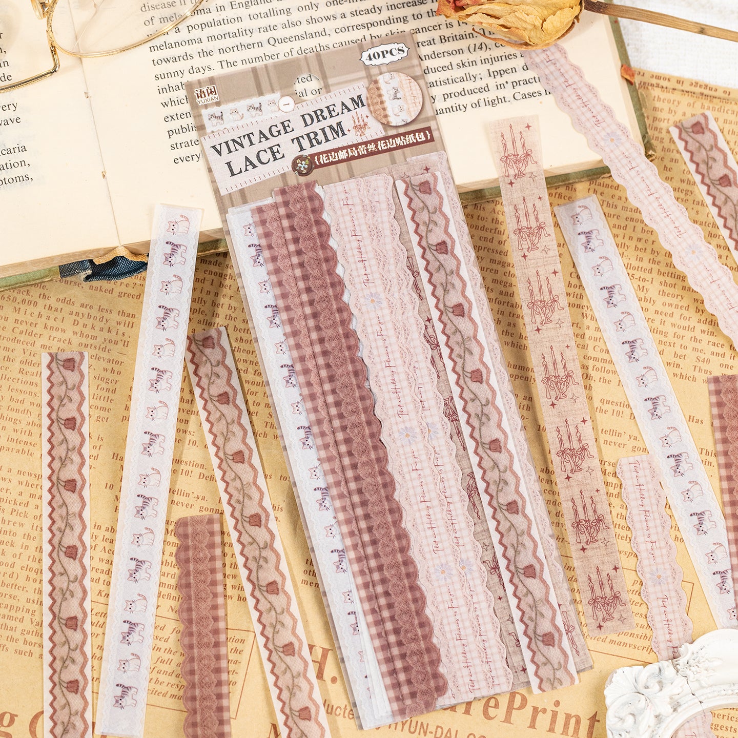 [2601-125] Lace Post Office Washi Trims – “Floral Lace Series” Long Strip Journal Set (4 Styles 40 Pieces)
