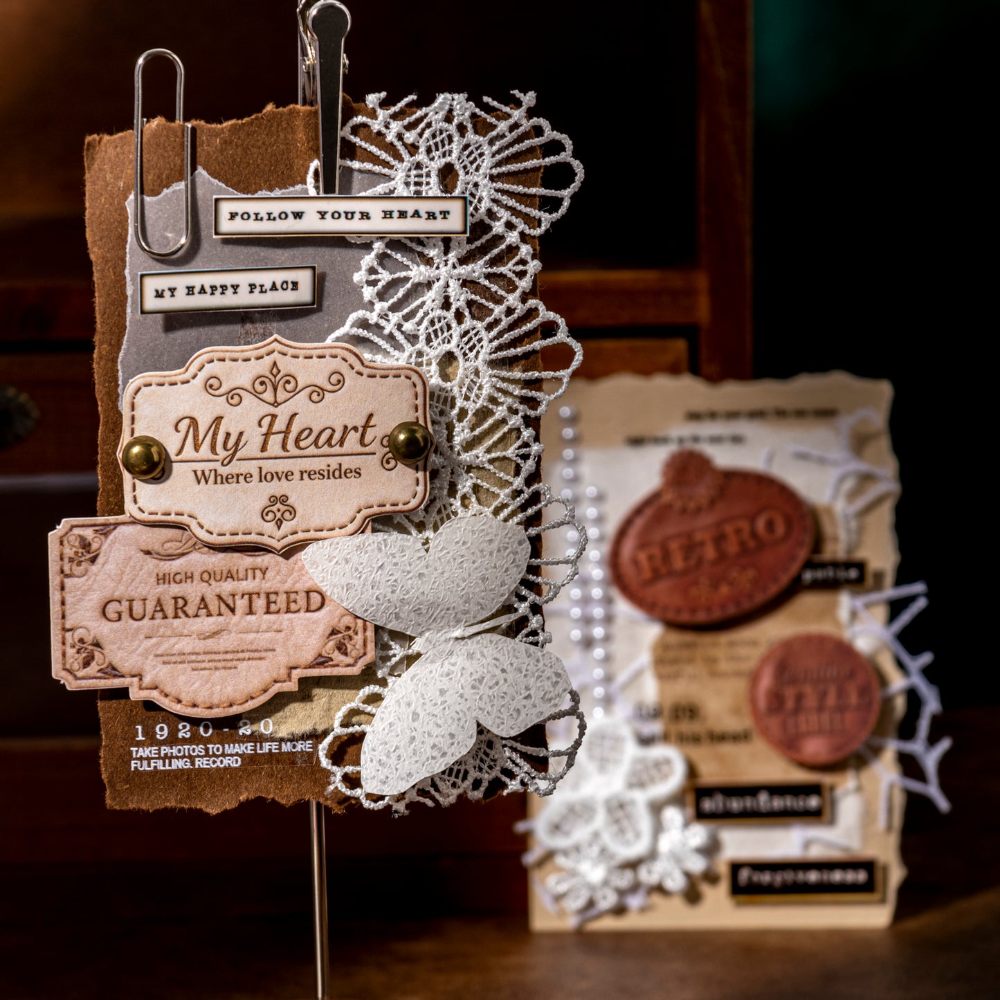 [2601-137] Velvet Leather Label Stickers – Vintage Faux Leather Journal Tags (6 Designs)