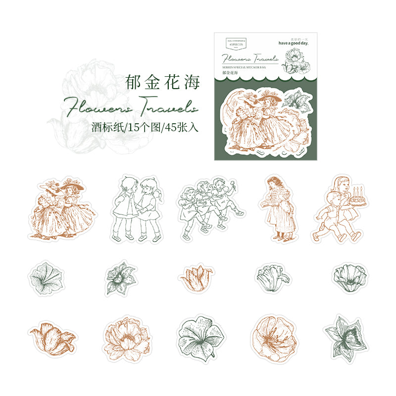 [2601-184] Flower Travel Vintage Floral Character Die Cut Stickers Pack