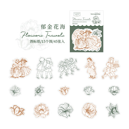 [2601-184] Flower Travel Vintage Floral Character Die Cut Stickers Pack
