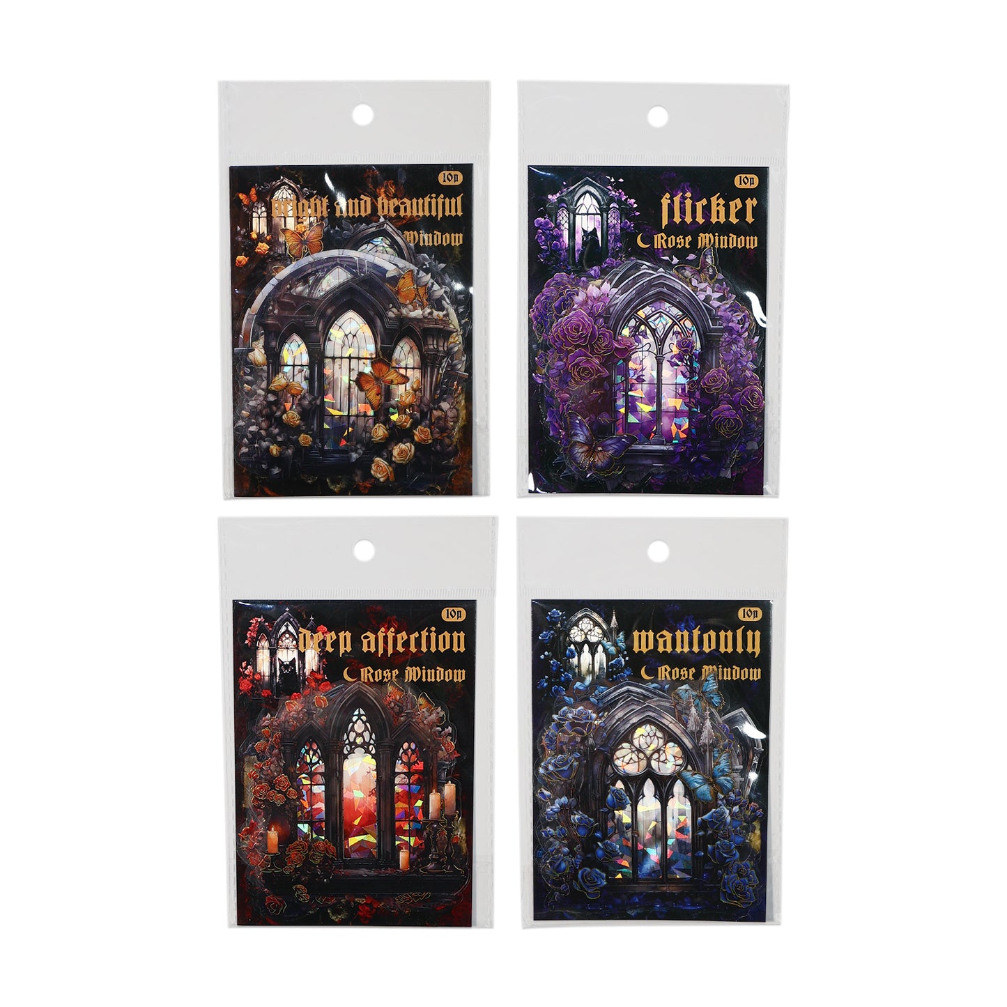 [2601-130] Rose Window Foil PET Stickers – Vintage Stained Glass Floral Series (4 Designs)