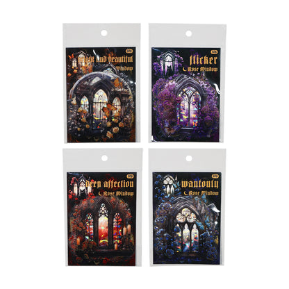 [2601-130] Rose Window Foil PET Stickers – Vintage Stained Glass Floral Series (4 Designs)