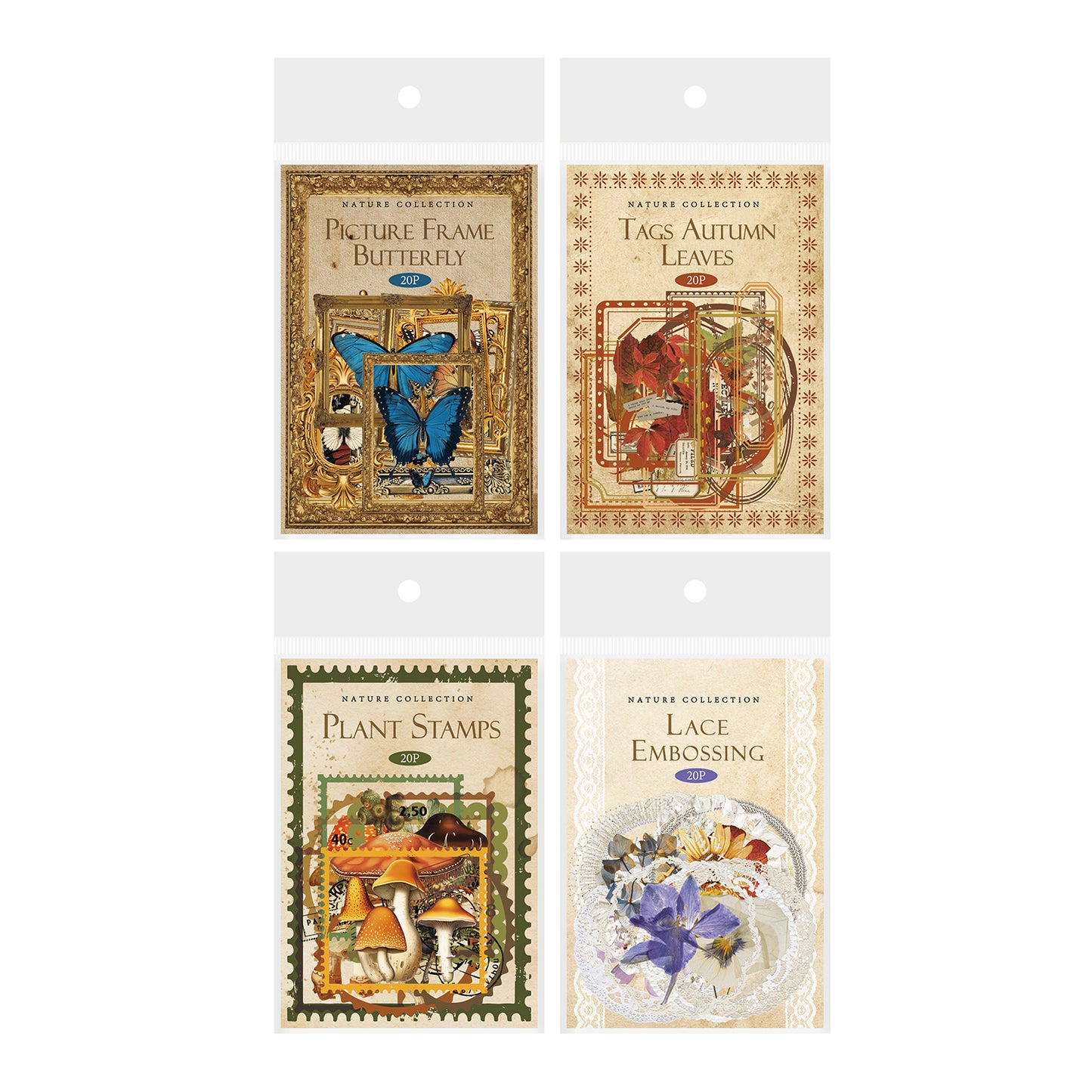 [2601-126] Vintage Nature PET Stickers – “Natural Collection” Botanical & Postage Set (4 Styles 20 Pieces)