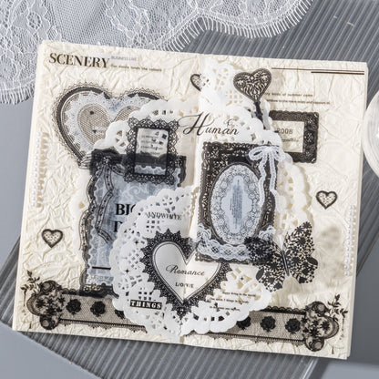[2601-233] Lace Academy Series Black White Lace PET Journal Collage Stickers 100 Sheets