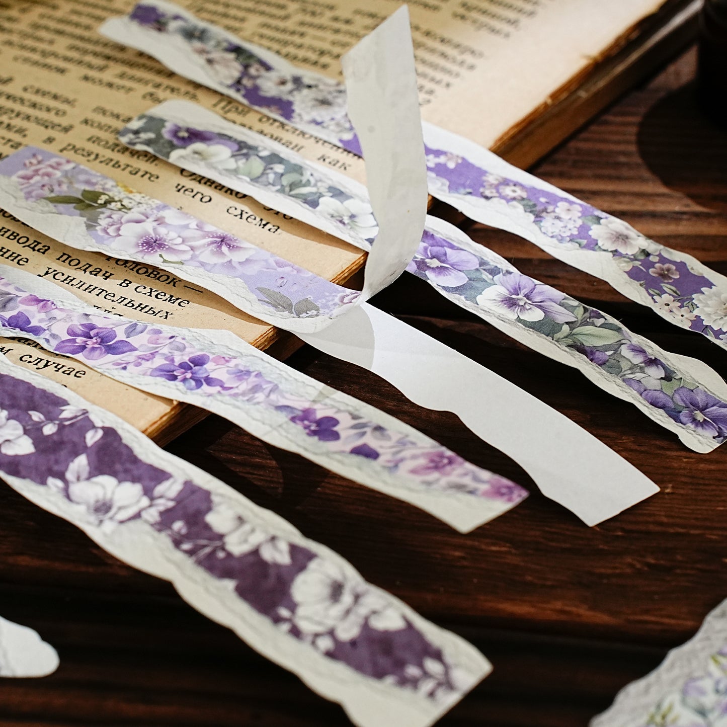 [2601-121] Vintage Floral Kraft Paper Stickers – Torn Edge Collage Strips (6 Designs)