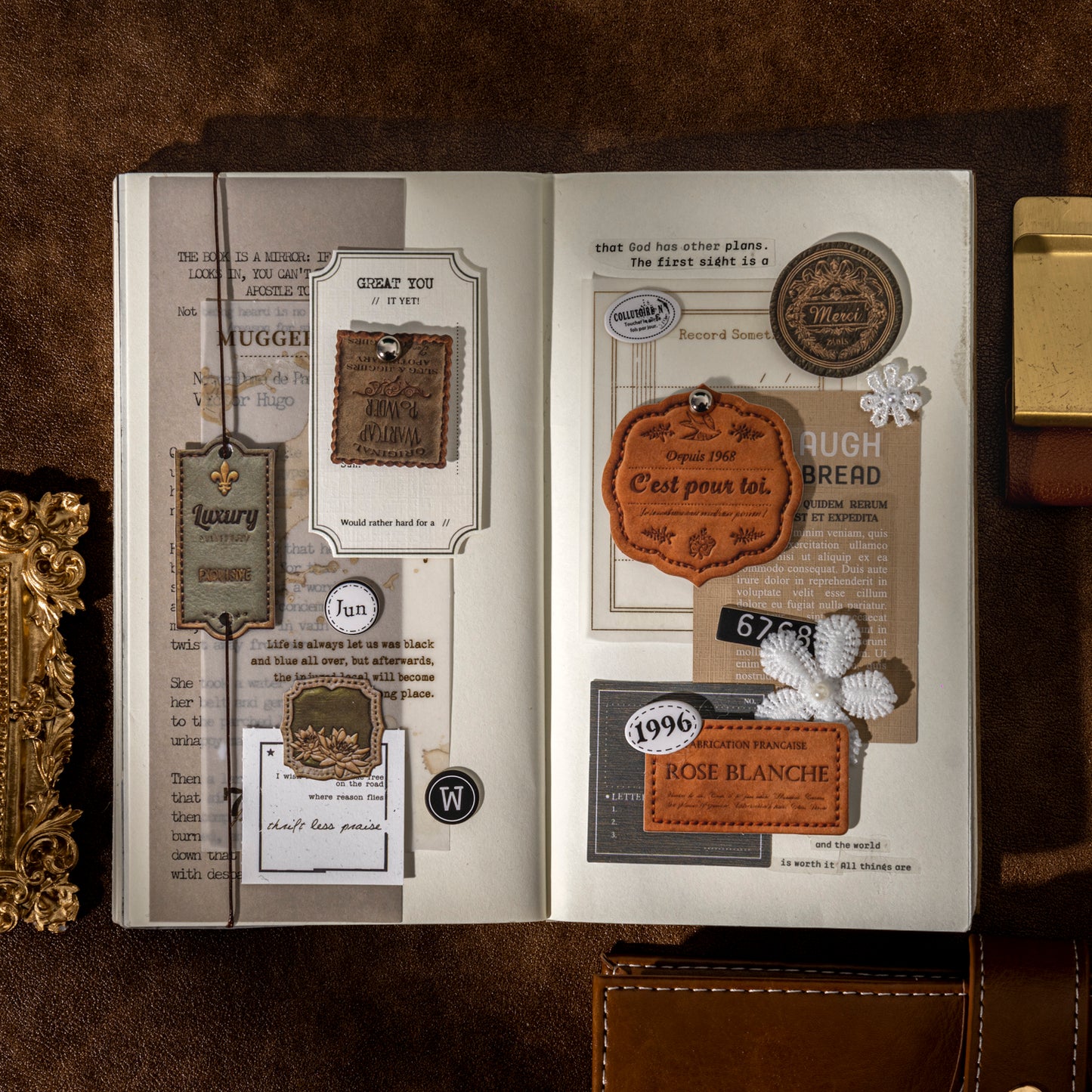 [2601-137] Velvet Leather Label Stickers – Vintage Faux Leather Journal Tags (6 Designs)