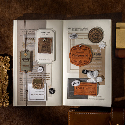 [2601-137] Velvet Leather Label Stickers – Vintage Faux Leather Journal Tags (6 Designs)