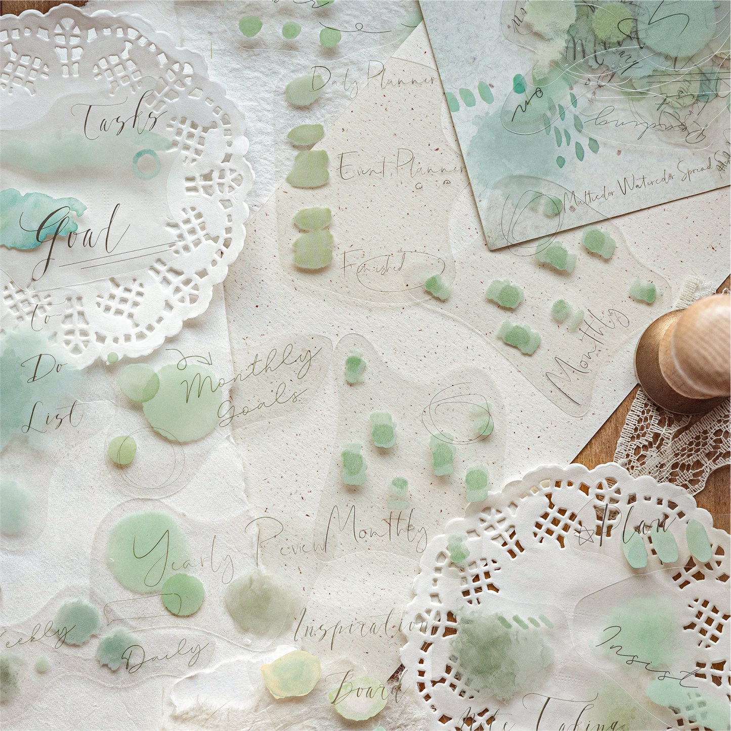 [2602-016] Watercolor PET White Ink Stickers Pack 4 Styles