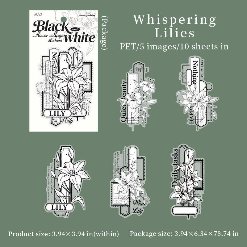 [2602-002] Large Black and White Floral PET Collage Stickers 6 Styles