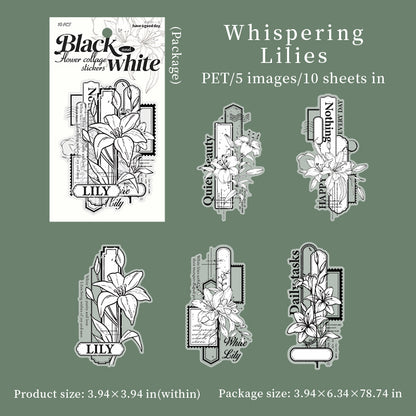 [2602-002] Large Black and White Floral PET Collage Stickers 6 Styles