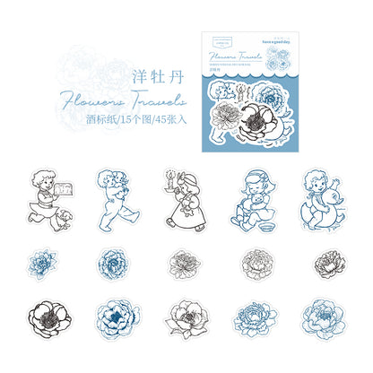 [2601-184] Flower Travel Vintage Floral Character Die Cut Stickers Pack