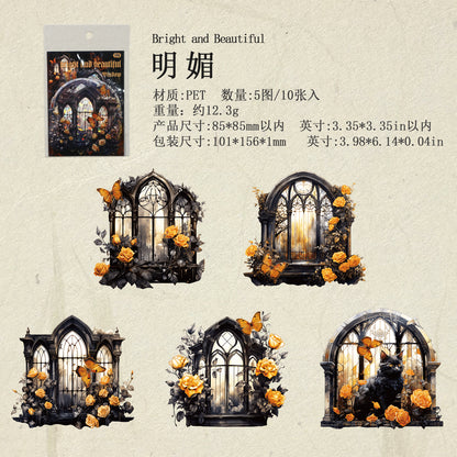 [2601-130] Rose Window Foil PET Stickers – Vintage Stained Glass Floral Series (4 Designs)