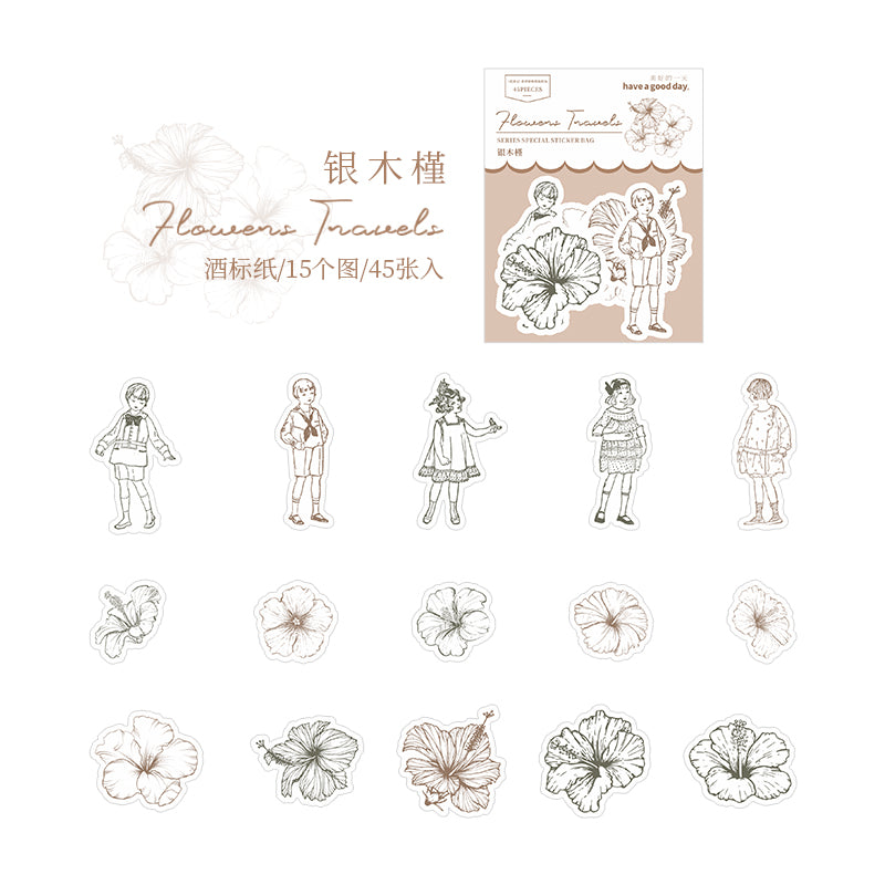 [2601-184] Flower Travel Vintage Floral Character Die Cut Stickers Pack