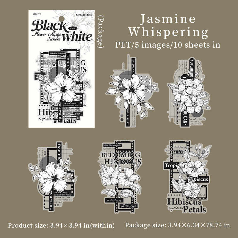 [2602-002] Large Black and White Floral PET Collage Stickers 6 Styles