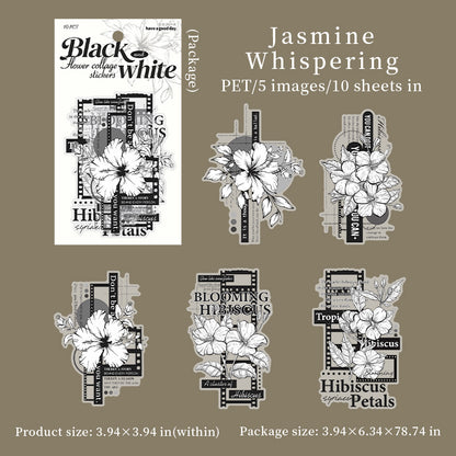 [2602-002] Large Black and White Floral PET Collage Stickers 6 Styles