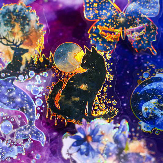 [2601-147] Galaxy Ocean Foil Stickers – Starry Fish & Jellyfish Collage Set (6 Designs)