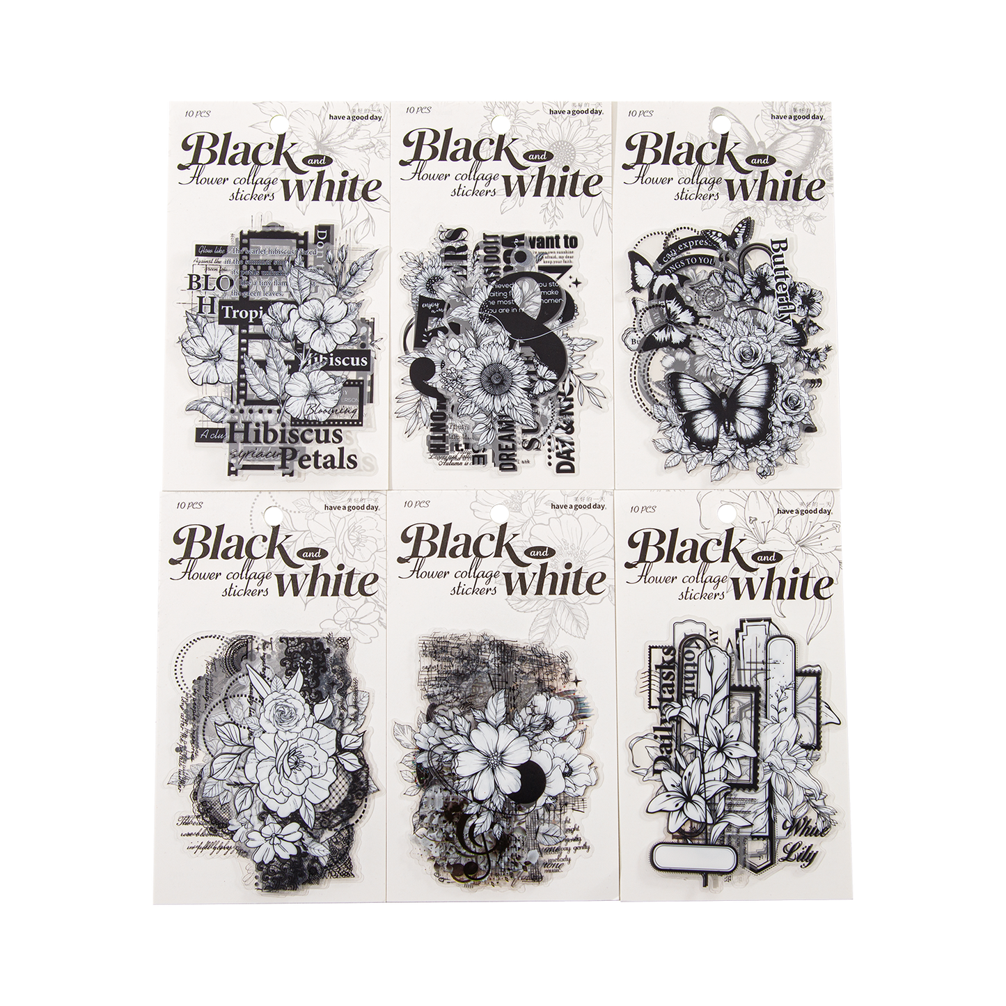 [2602-002] Large Black and White Floral PET Collage Stickers 6 Styles