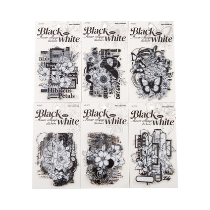 [2602-002] Large Black and White Floral PET Collage Stickers 6 Styles