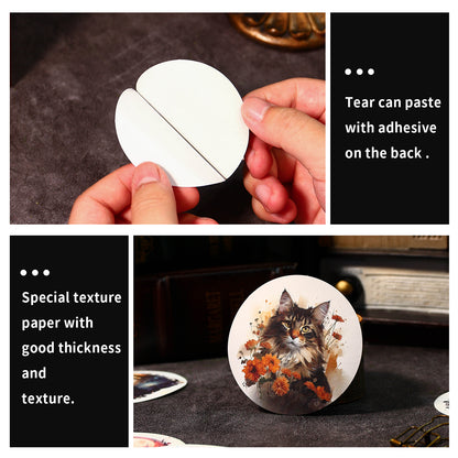 [2601-129] Mysterious Cat PET Stickers – Vintage Floral Animal Collage (4 Designs)