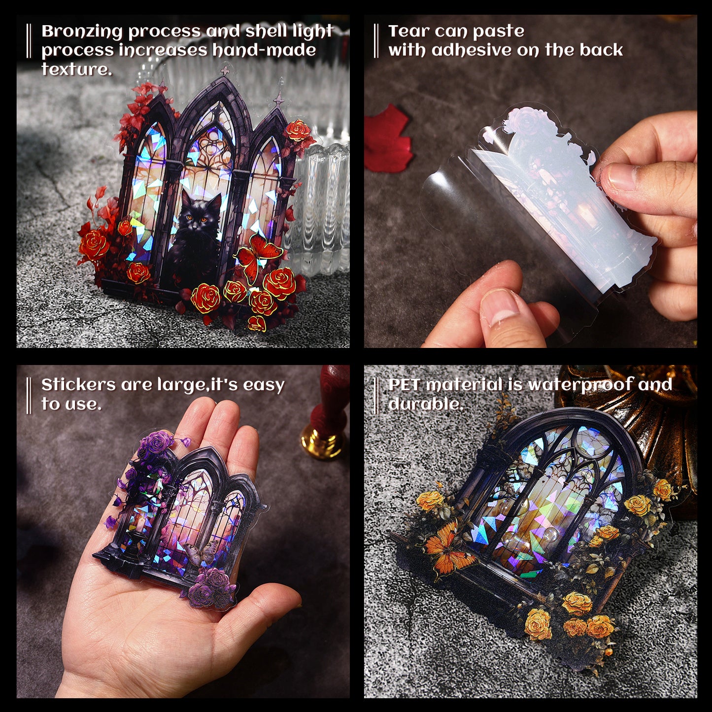 [2601-130] Rose Window Foil PET Stickers – Vintage Stained Glass Floral Series (4 Designs)