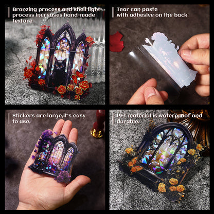 [2601-130] Rose Window Foil PET Stickers – Vintage Stained Glass Floral Series (4 Designs)
