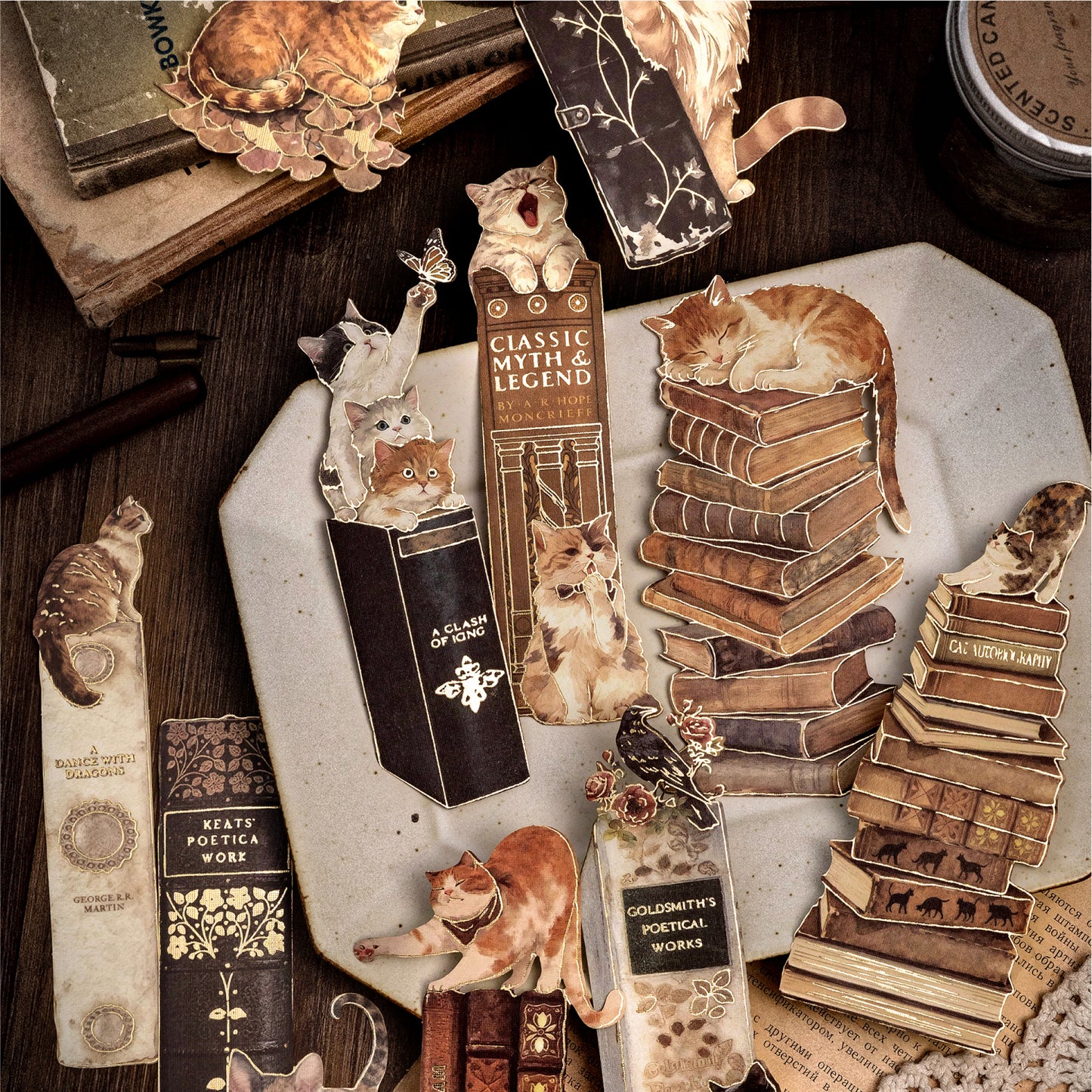 [2602-025] Vintage Gold Foil Bookmark Stickers 3 Styles