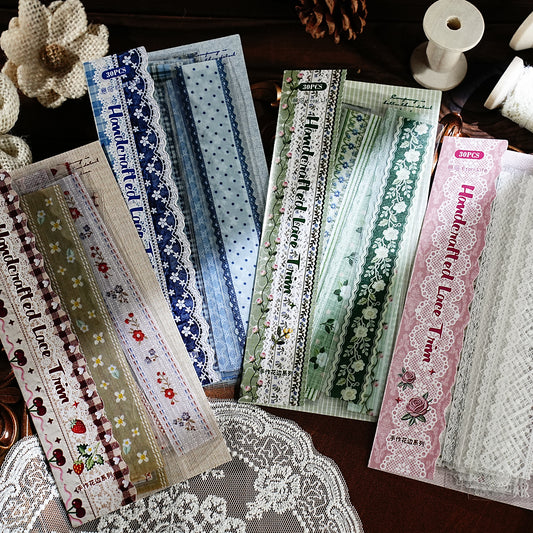 [2601-122] Handcrafted Lace Border Stickers – Vintage Fabric Trim Set (6 Designs)