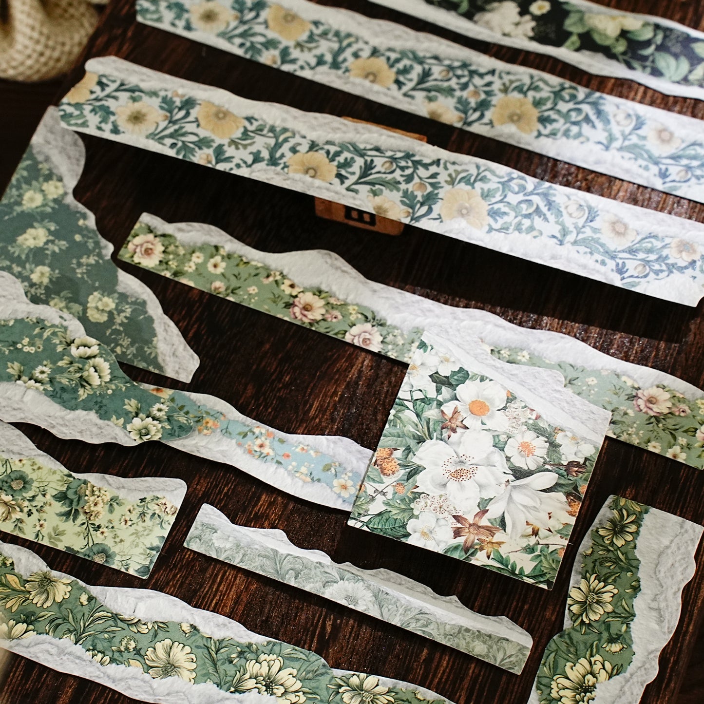 [2601-121] Vintage Floral Kraft Paper Stickers – Torn Edge Collage Strips (6 Designs)