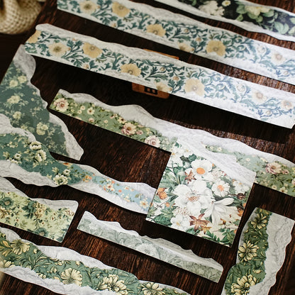 [2601-121] Vintage Floral Kraft Paper Stickers – Torn Edge Collage Strips (6 Designs)