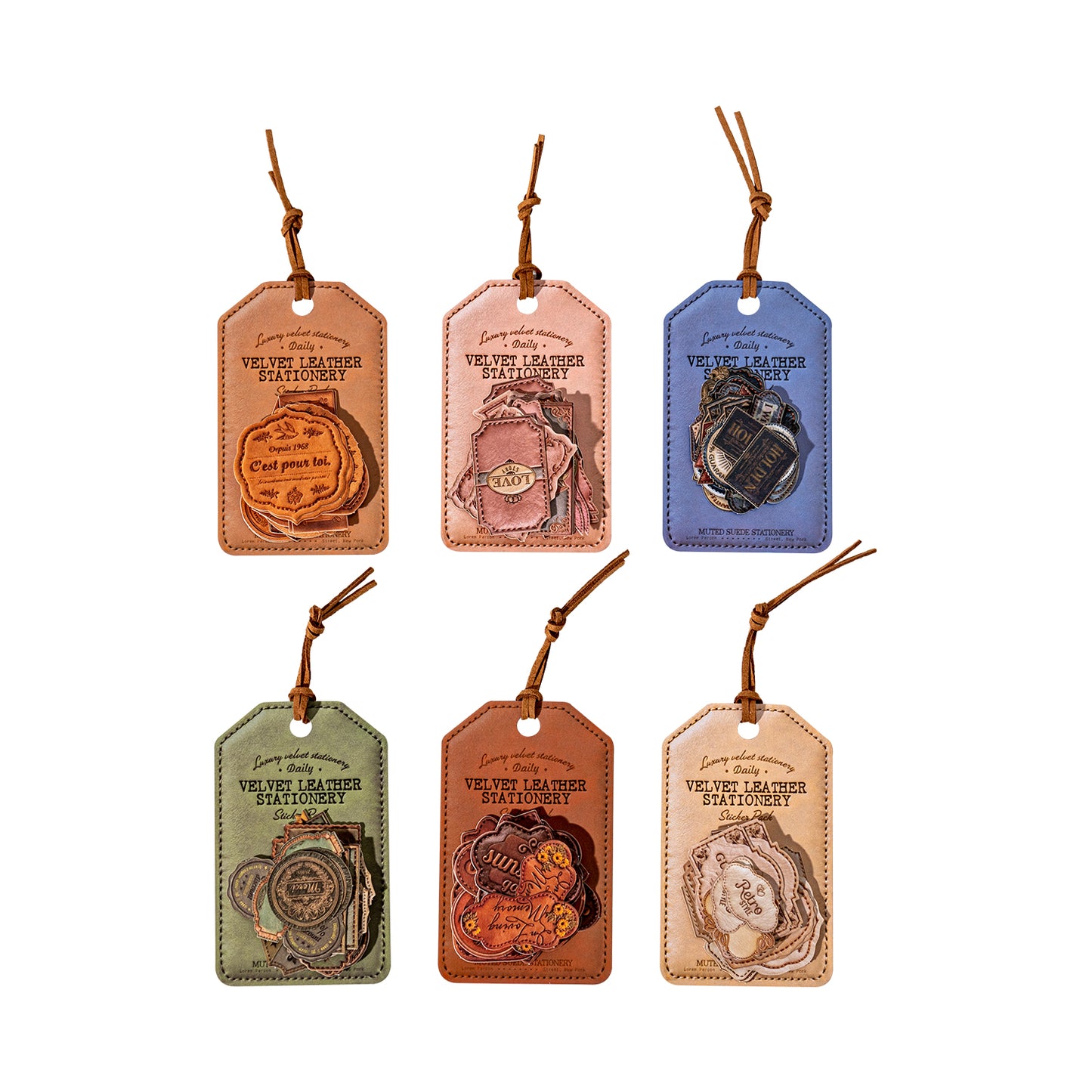 [2601-137] Velvet Leather Label Stickers – Vintage Faux Leather Journal Tags (6 Designs)