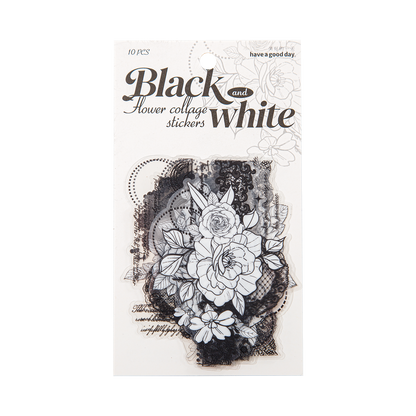 [2602-002] Large Black and White Floral PET Collage Stickers 6 Styles