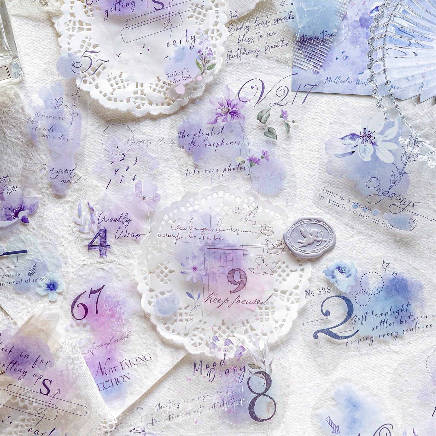 [2602-016] Watercolor PET White Ink Stickers Pack 4 Styles