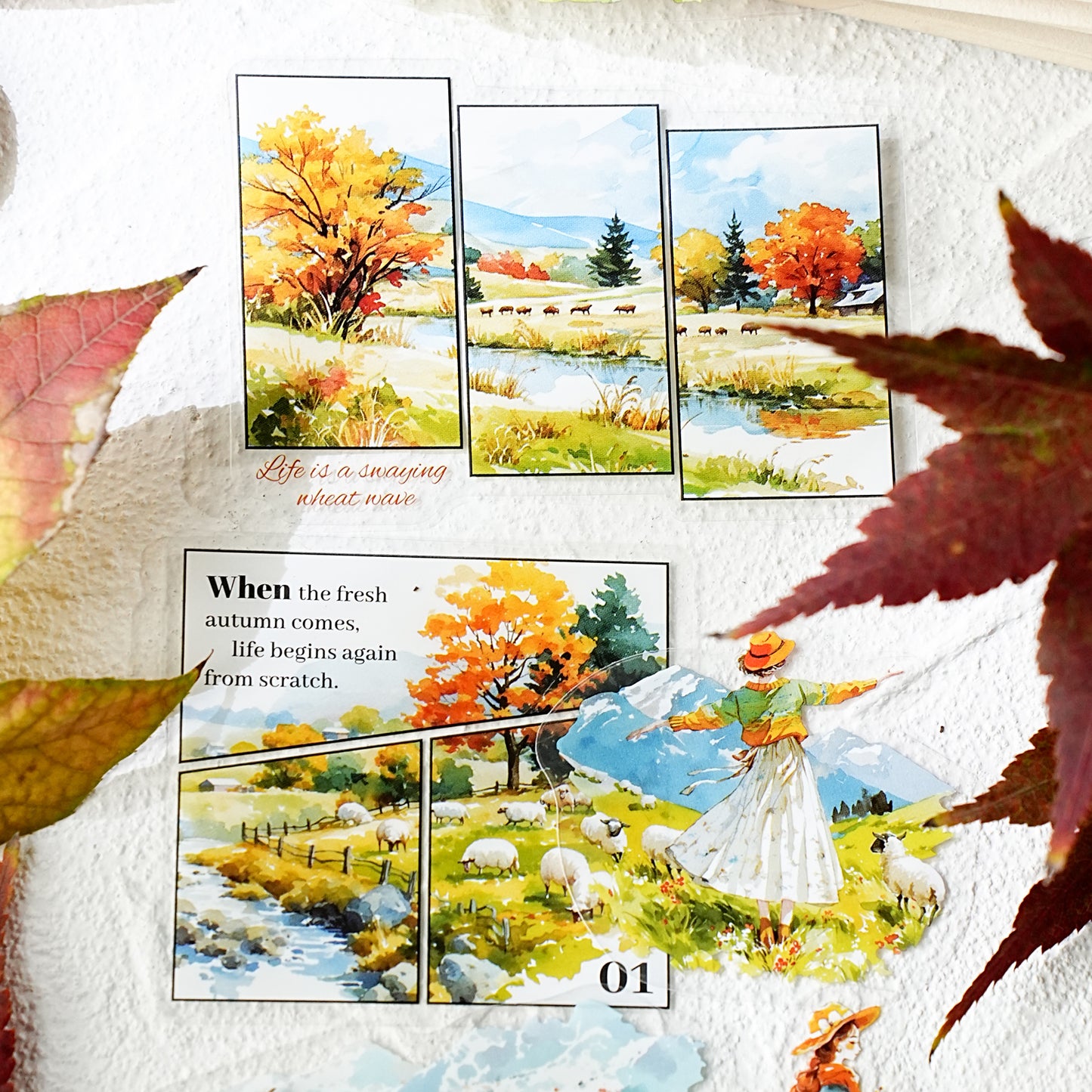 [2601-123] Endless Grasslands PET Scenic Stickers – Four Season Landscape Set (6 Designs 15 Pieces)