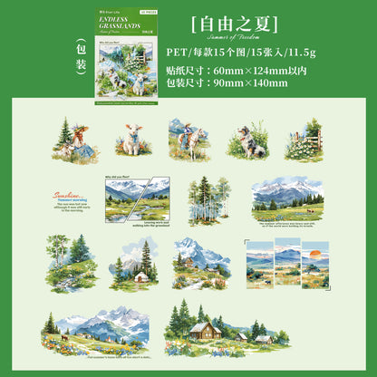 [2601-123] Endless Grasslands PET Scenic Stickers – Four Season Landscape Set (6 Designs 15 Pieces)