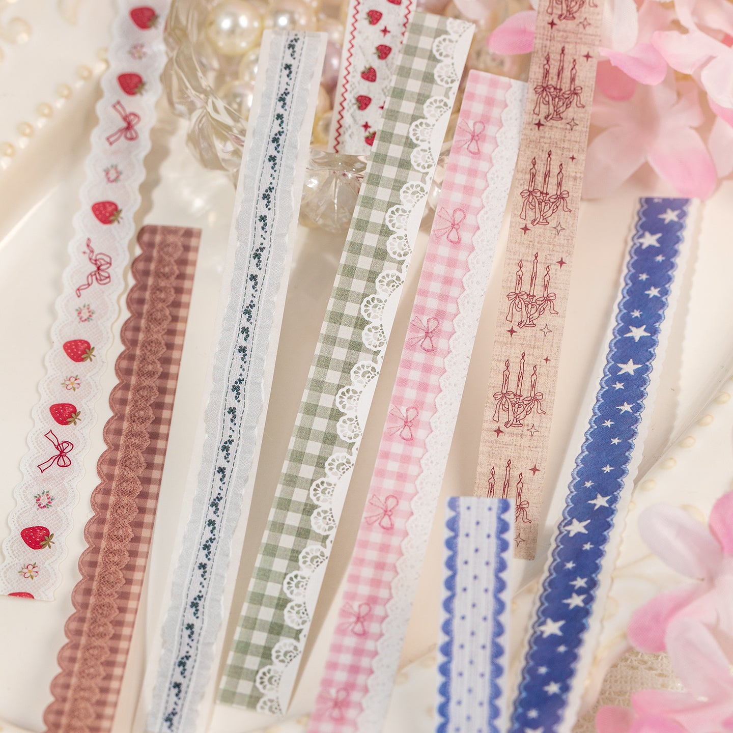 [2601-125] Lace Post Office Washi Trims – “Floral Lace Series” Long Strip Journal Set (4 Styles 40 Pieces)