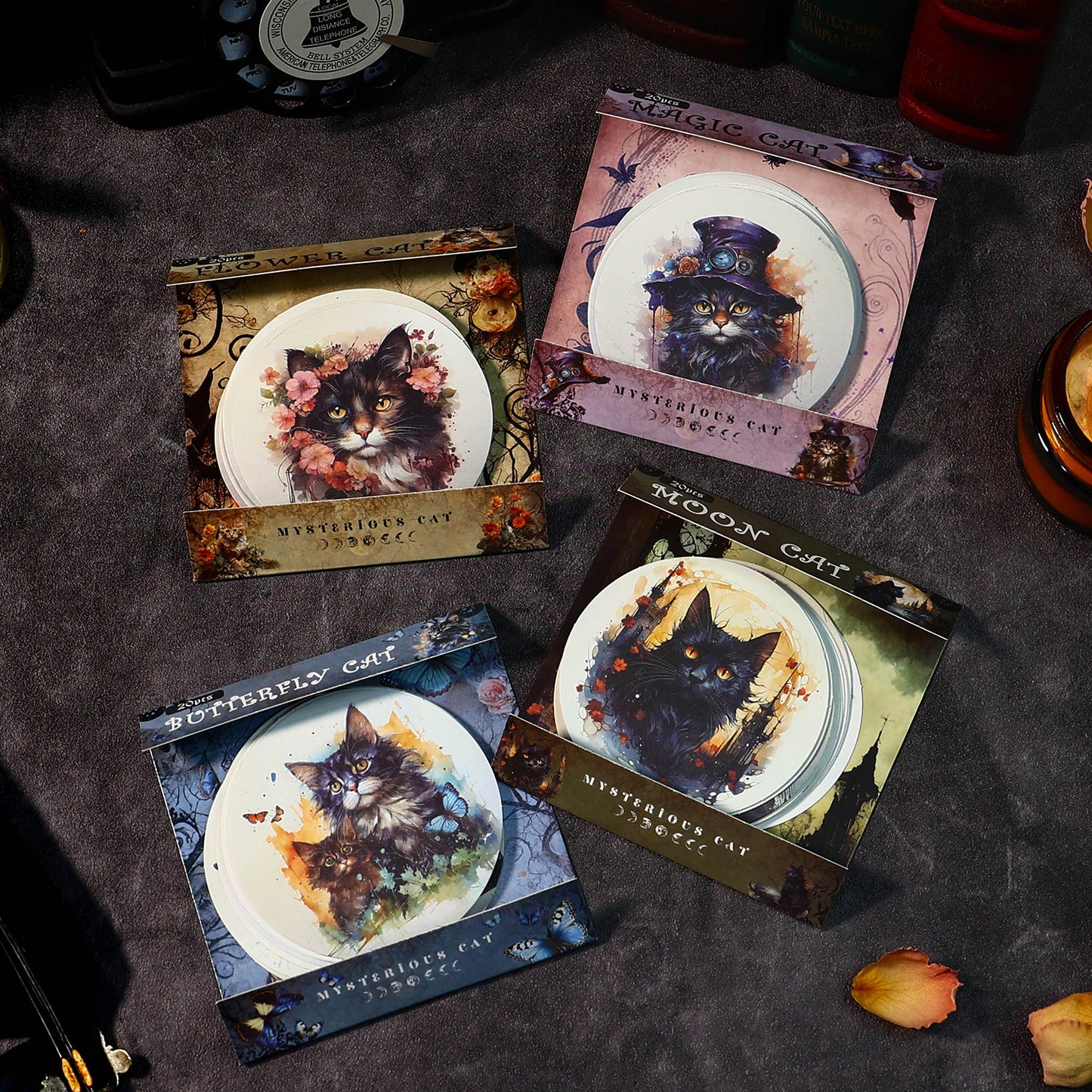[2601-129] Mysterious Cat PET Stickers – Vintage Floral Animal Collage (4 Designs)
