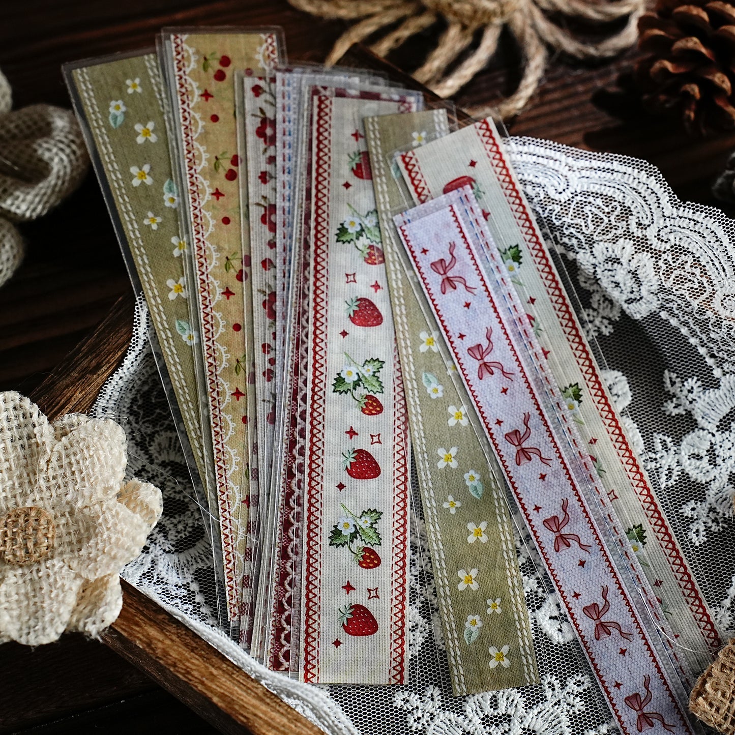 [2601-122] Handcrafted Lace Border Stickers – Vintage Fabric Trim Set (6 Designs)